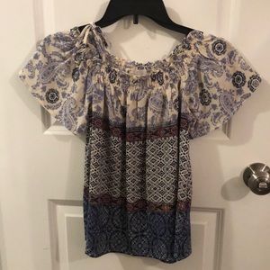 Blue patterned off the shoulder top